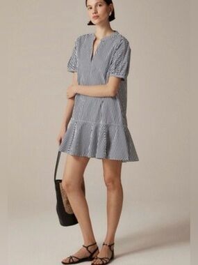 NWT J. Crew Delilah Cotton Poplin Striped Mini Dress,Short Sleeve,Ruffle Hem, XS